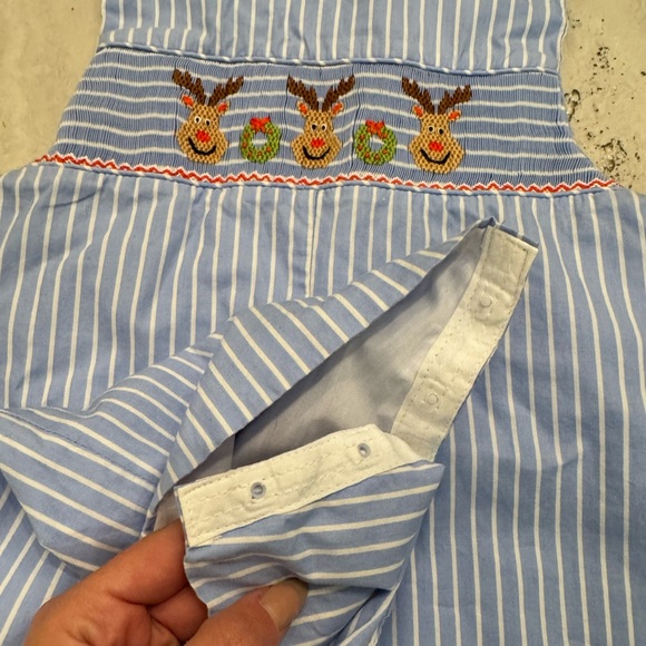 Petite Palace Smocked Holiday Reindeer Christmas Long Jon Jon Romper - Picture 4 of 7